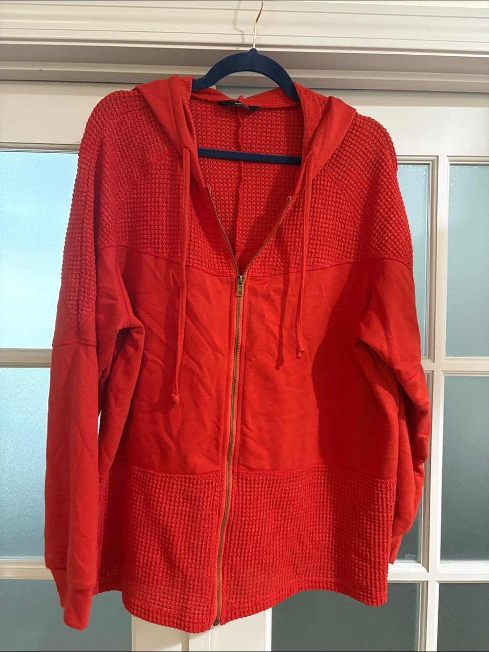 Women’s burnt orange oversized Zip-Front Hooded Jacket with Knit Panels
